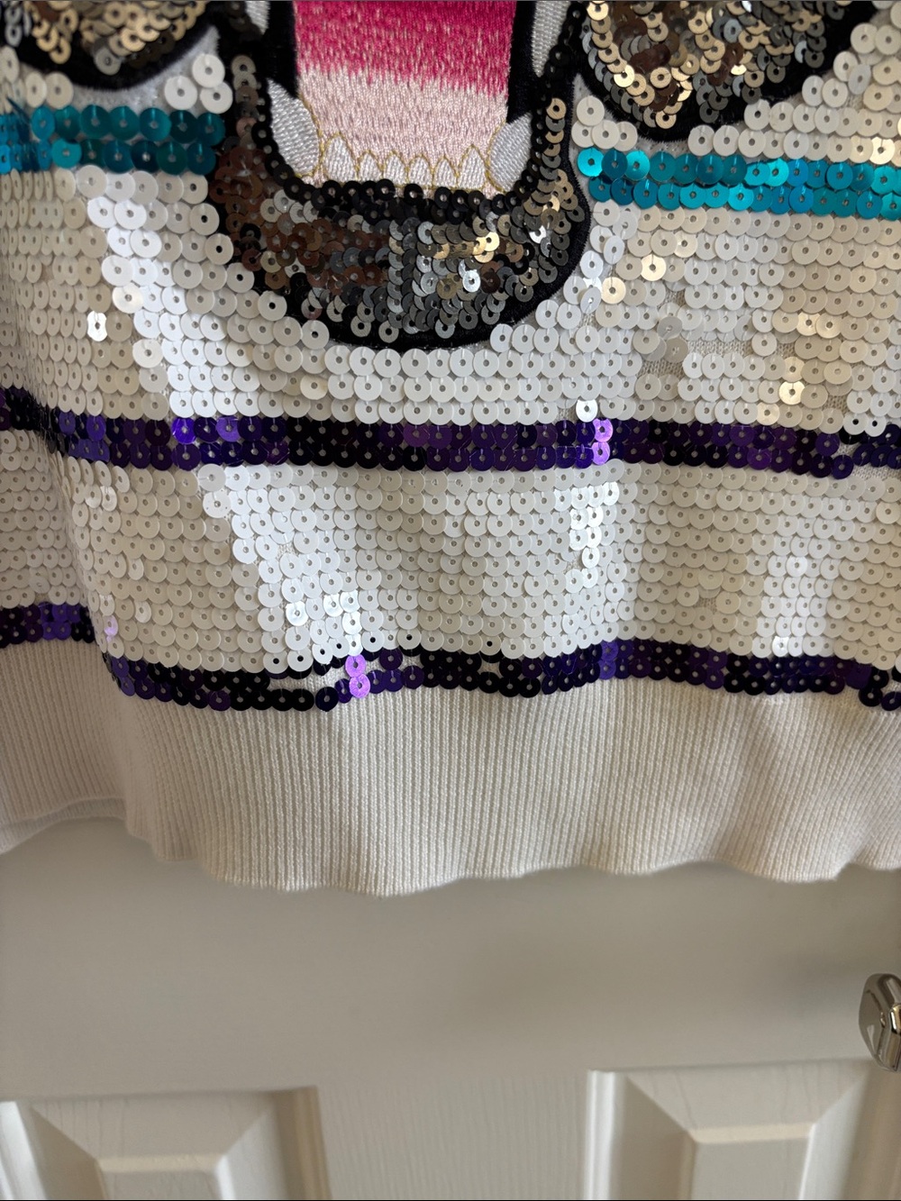 Queen of Sparkles Sequin Tiger Stripe Sweater in White with Rainbow Stripes - Picture 6 of 12
